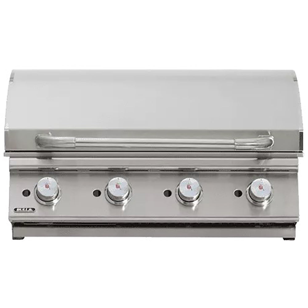 Stainless steel commercial griddle with closed hood and four control knobs