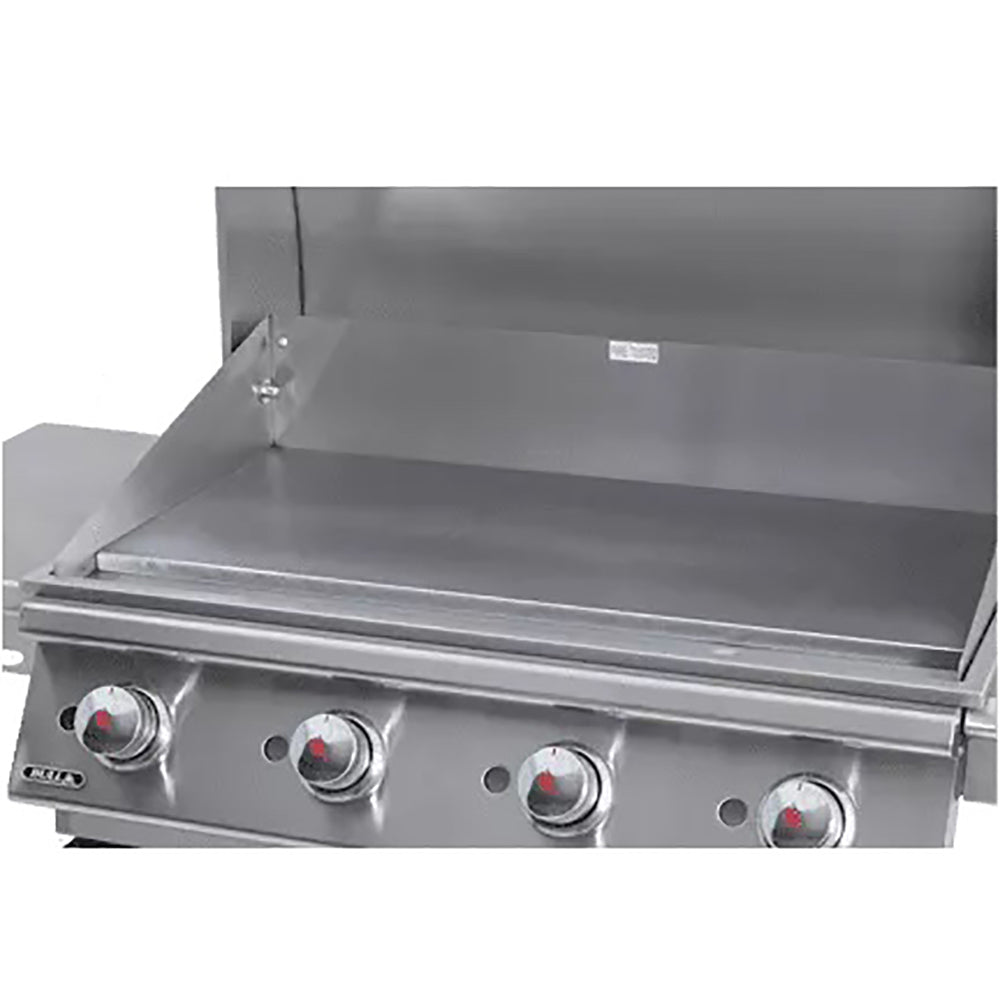 Stainless steel commercial griddle with open hood, flat griddle surface, and control knobs