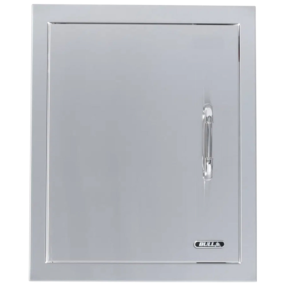 Vertical access door with brushed metal frame and latch handle, BULL logo