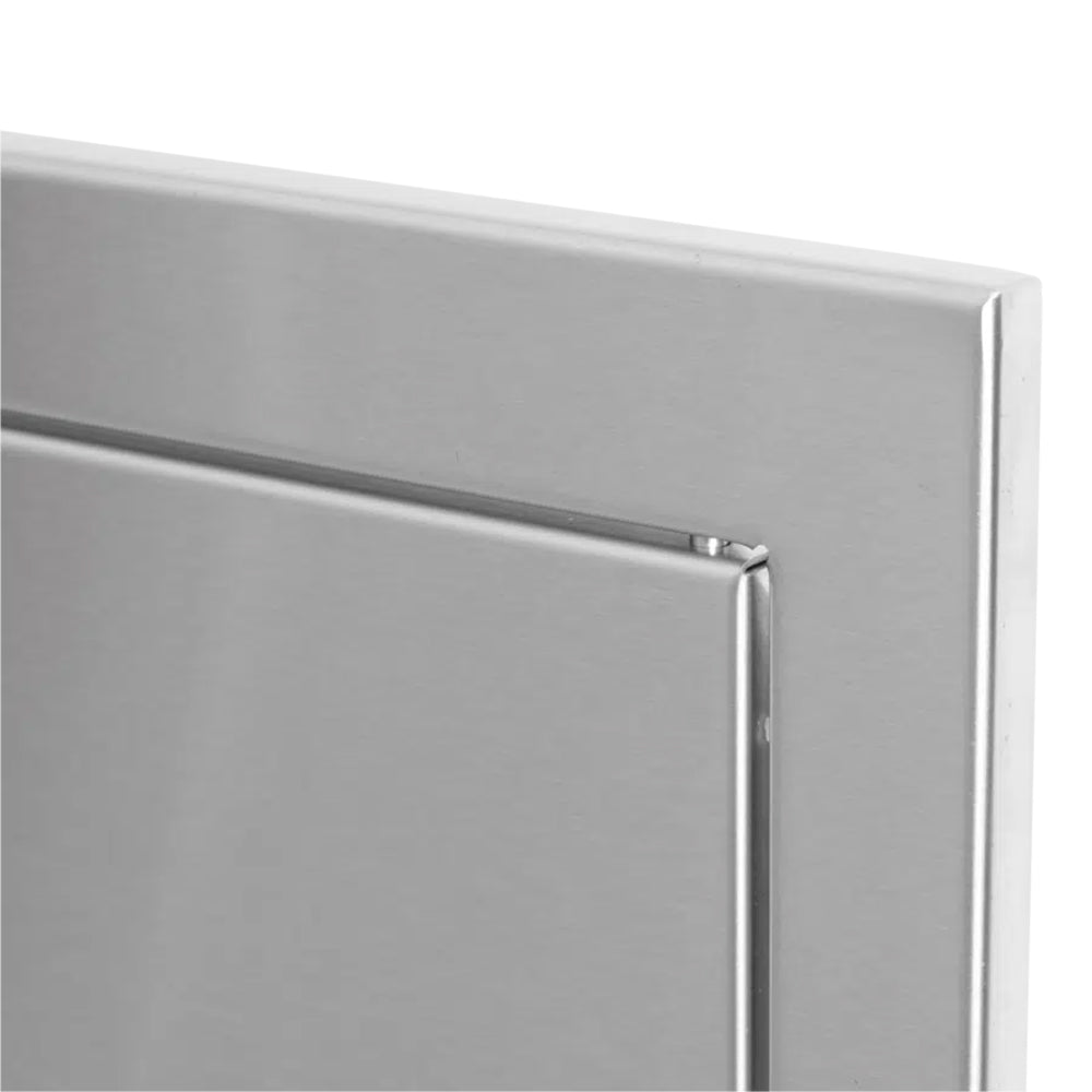 Metal vertical access door frame edge detail with door seam and brushed finish