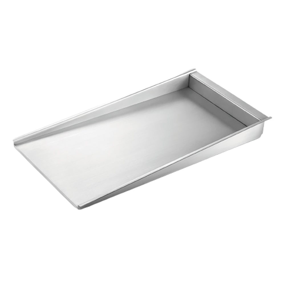 Stainless steel griddle plate with raised edges, rectangular tray