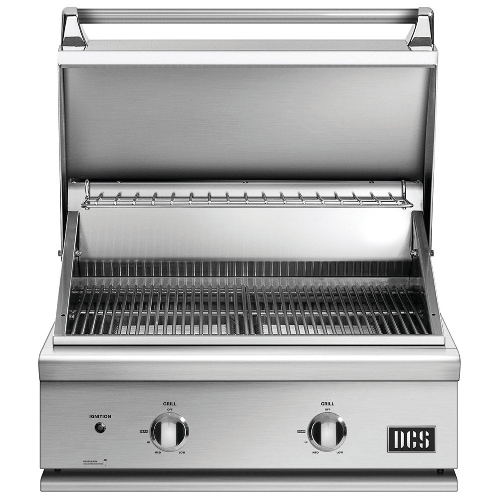 Built-in gas grill with open lid showing grates and cooking racks