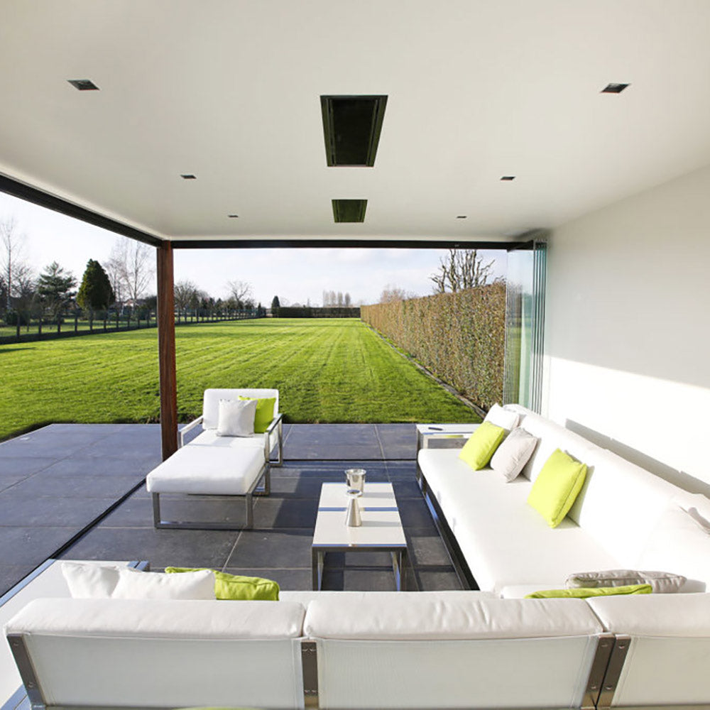 Covered outdoor patio seating with ceiling heating fixtures