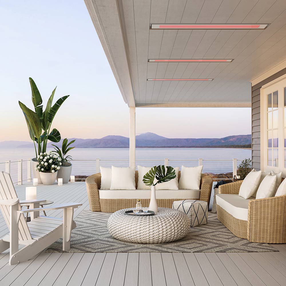 Ceiling-mounted electric heater with slim rectangular housing and white face