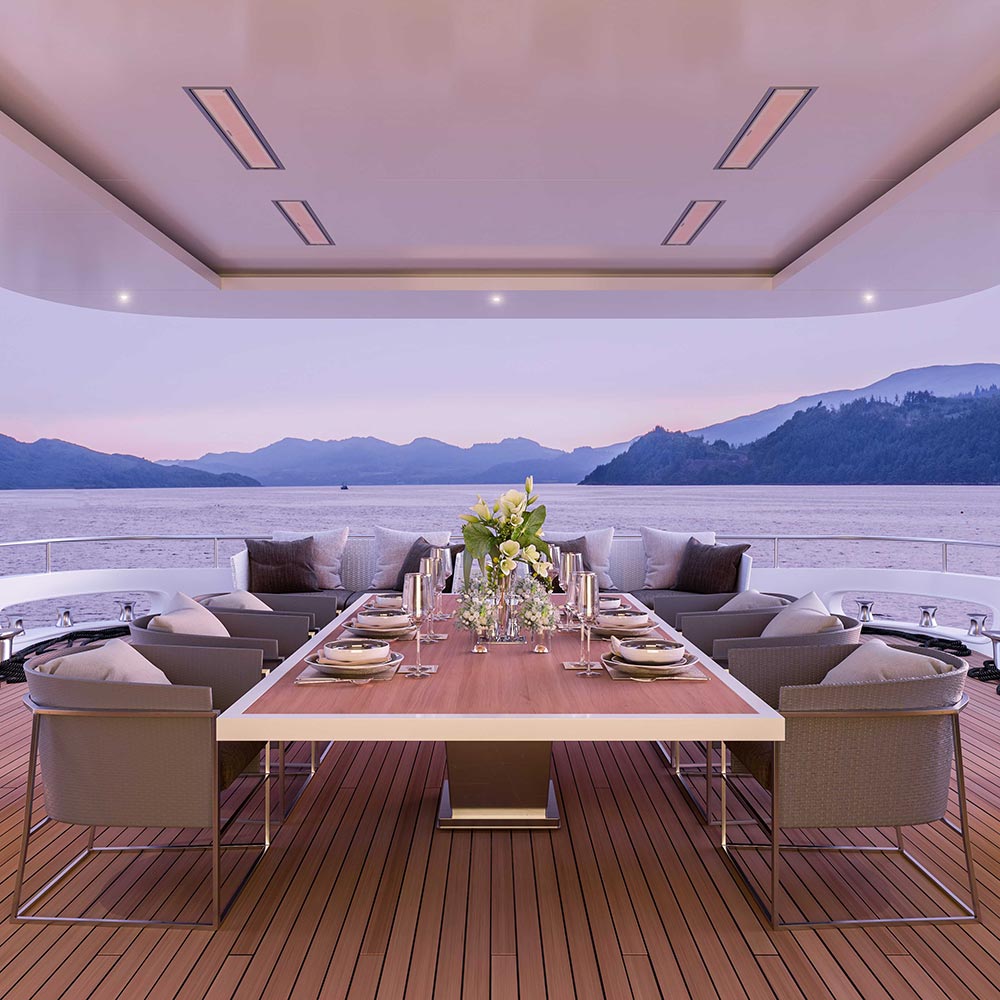 Ceiling-mounted electric marine heater on outdoor deck ceiling, rectangular panel
