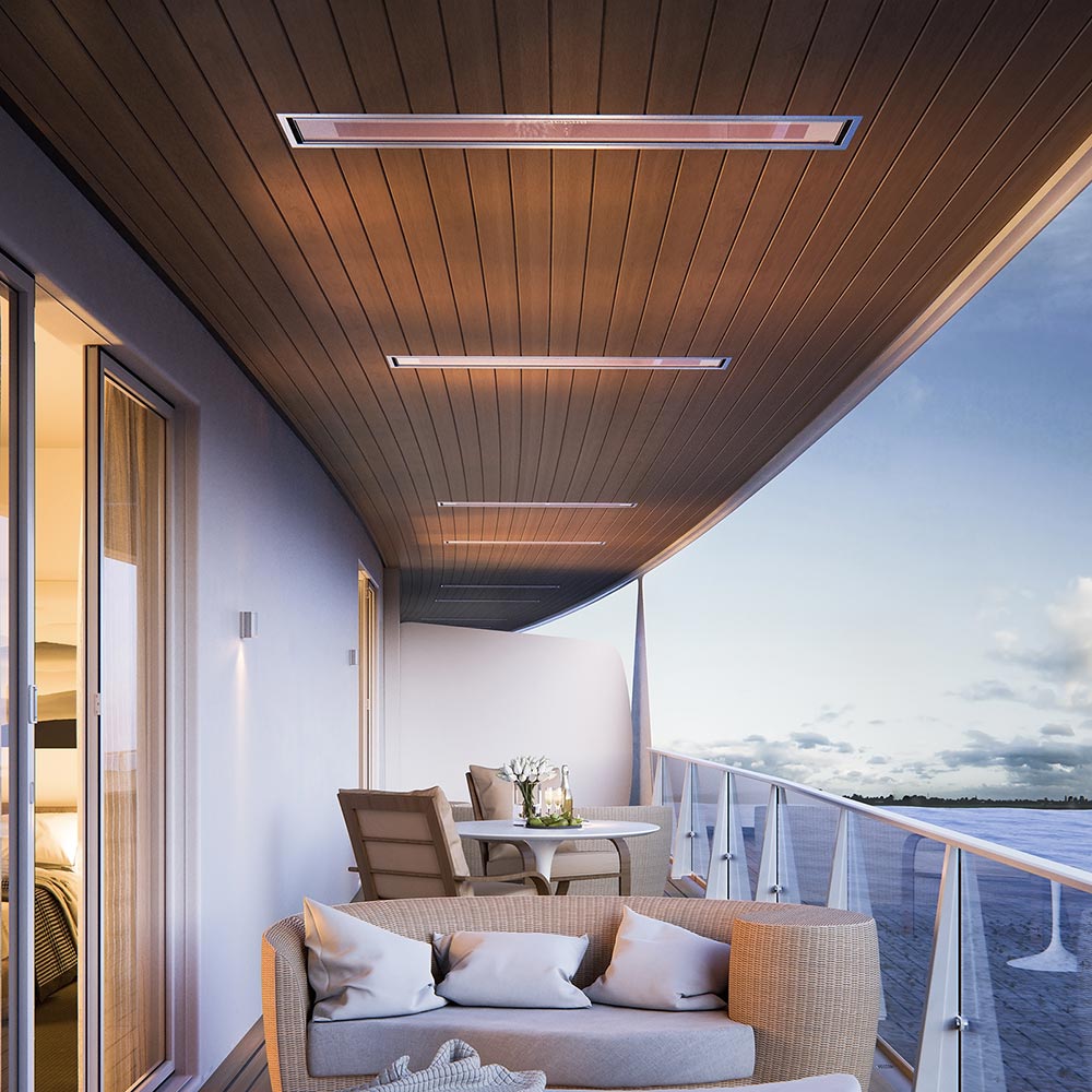 Ceiling-mounted electric heater with slim rectangular front and heating strip window