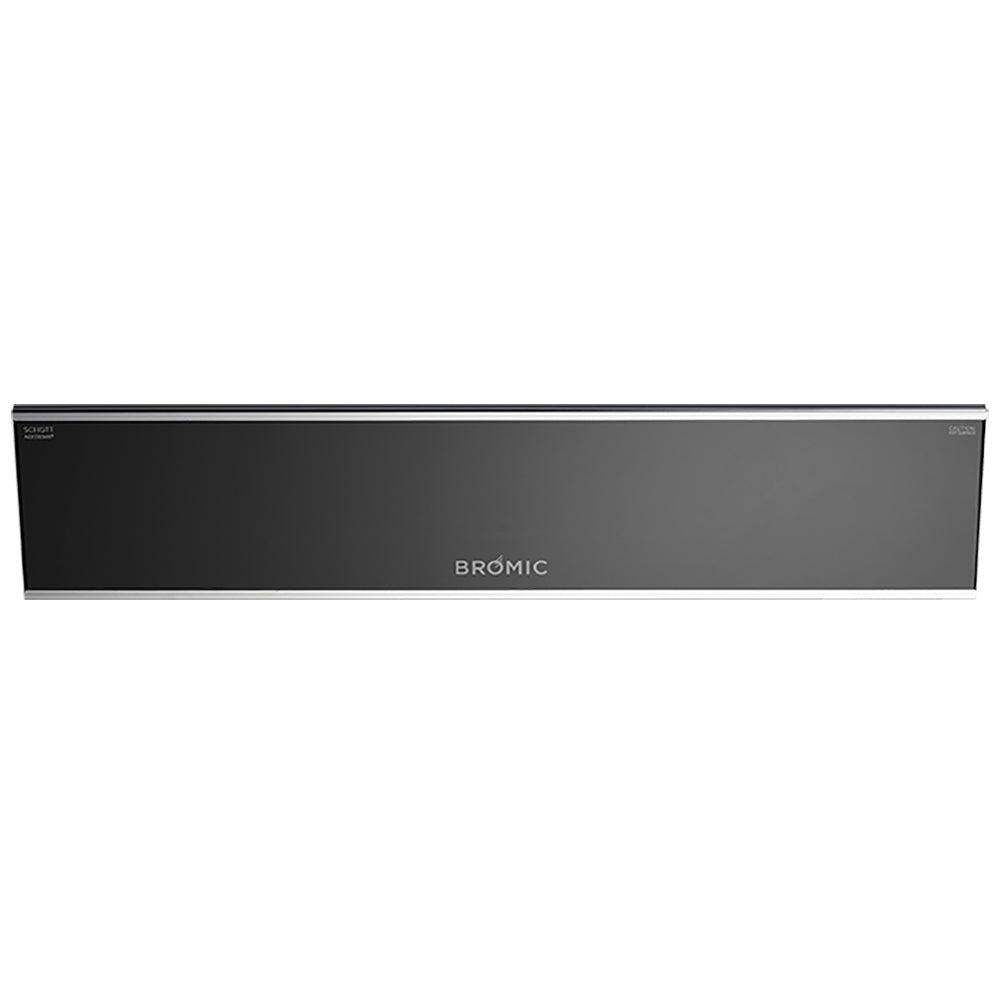 Dark electric heater in a rectangular wall housing with the Bromic logo on center