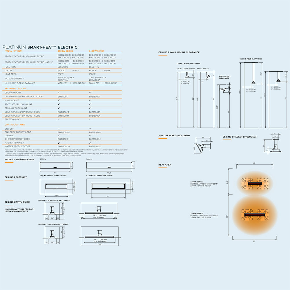 Ceiling heater installation diagram with dimensions and mounting bracket views