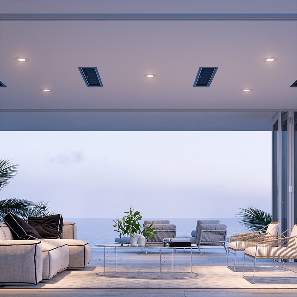 Ceiling-mounted electric heater units on an outdoor patio ceiling