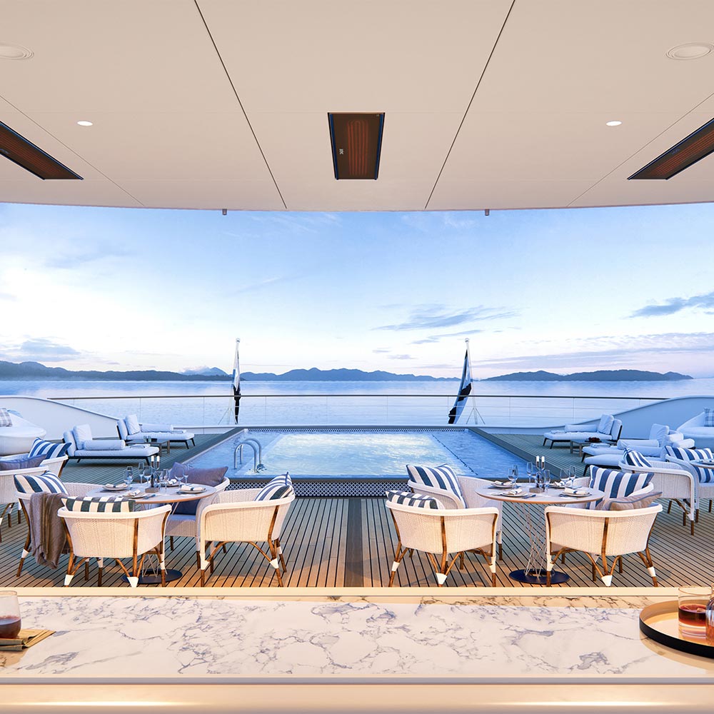 Outdoor terrace ceiling with recessed electric heater unit centered above seating