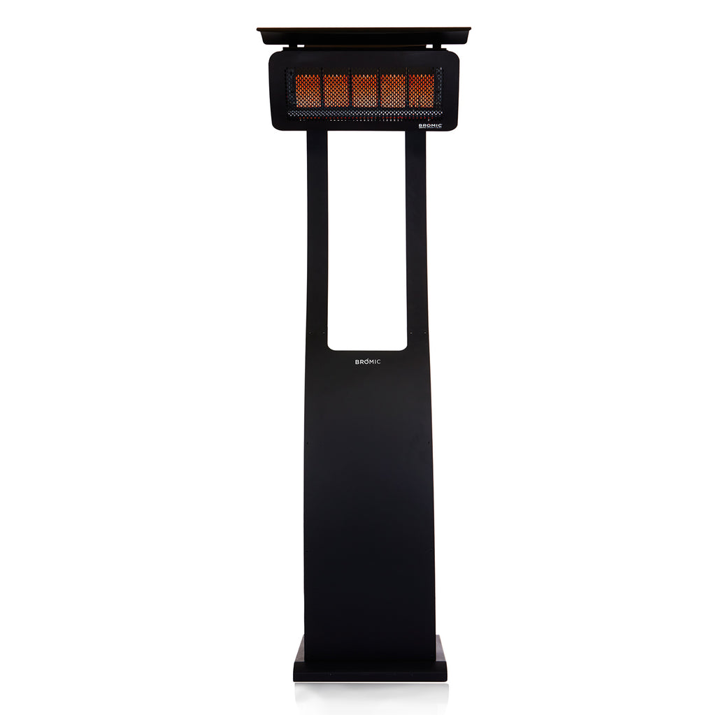 Tungsten portable radiant heater with black standing frame and glowing burner grille