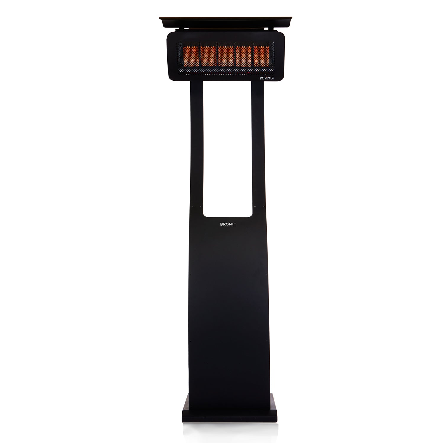 Tungsten portable radiant heater with black standing frame and glowing burner grille