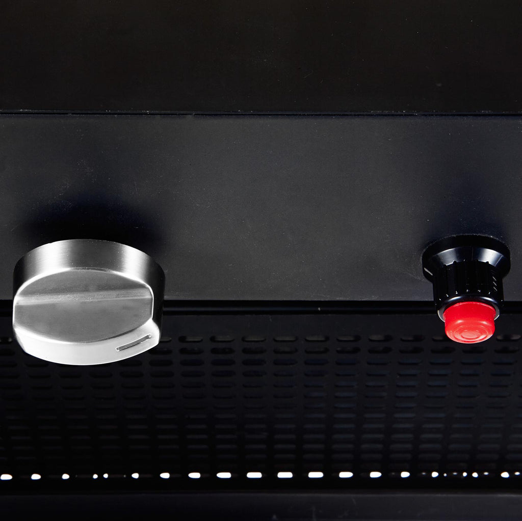 Tungsten portable radiant heater control panel with silver knob and red switch