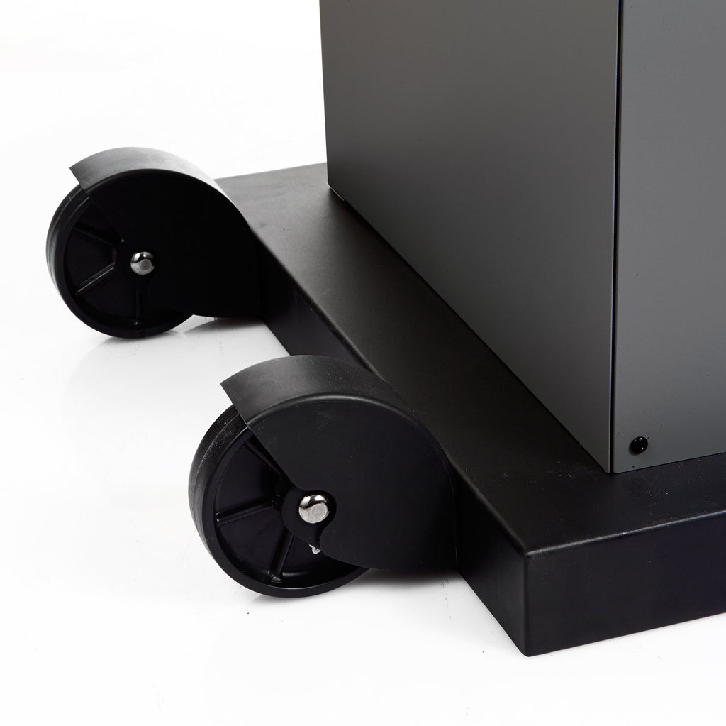 Tungsten portable radiant heater base with two black wheel ports