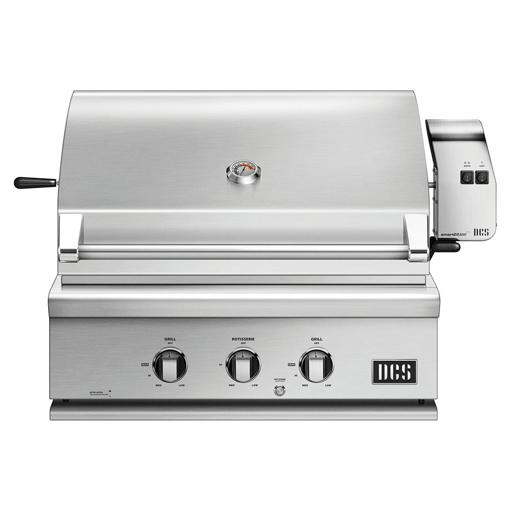 Stainless 30-inch built-in gas grill with rotisserie, front control knobs and handle bars