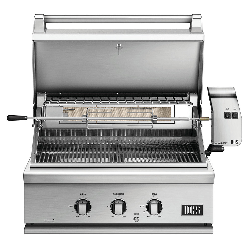 Stainless built-in gas grill with rotisserie, open lid showing cooking grates and burners