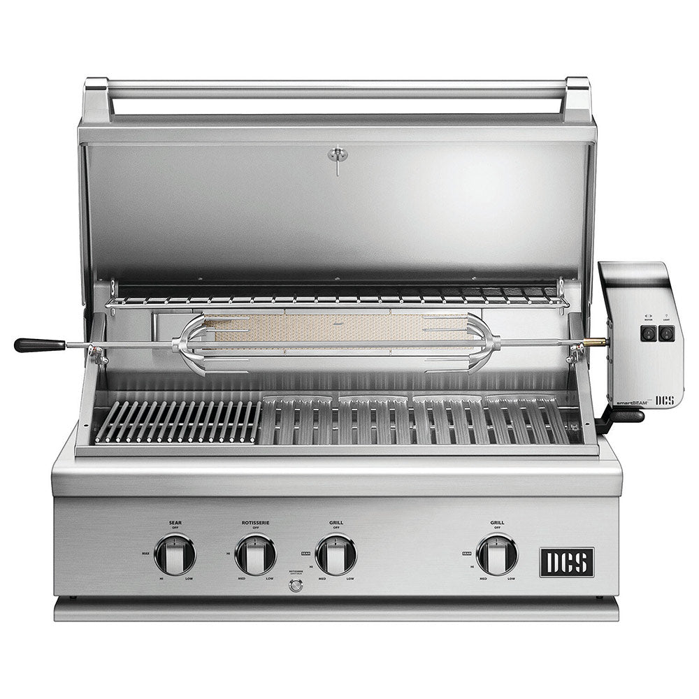 Stainless steel gas grill with lid open, rotisserie spit and front control knobs