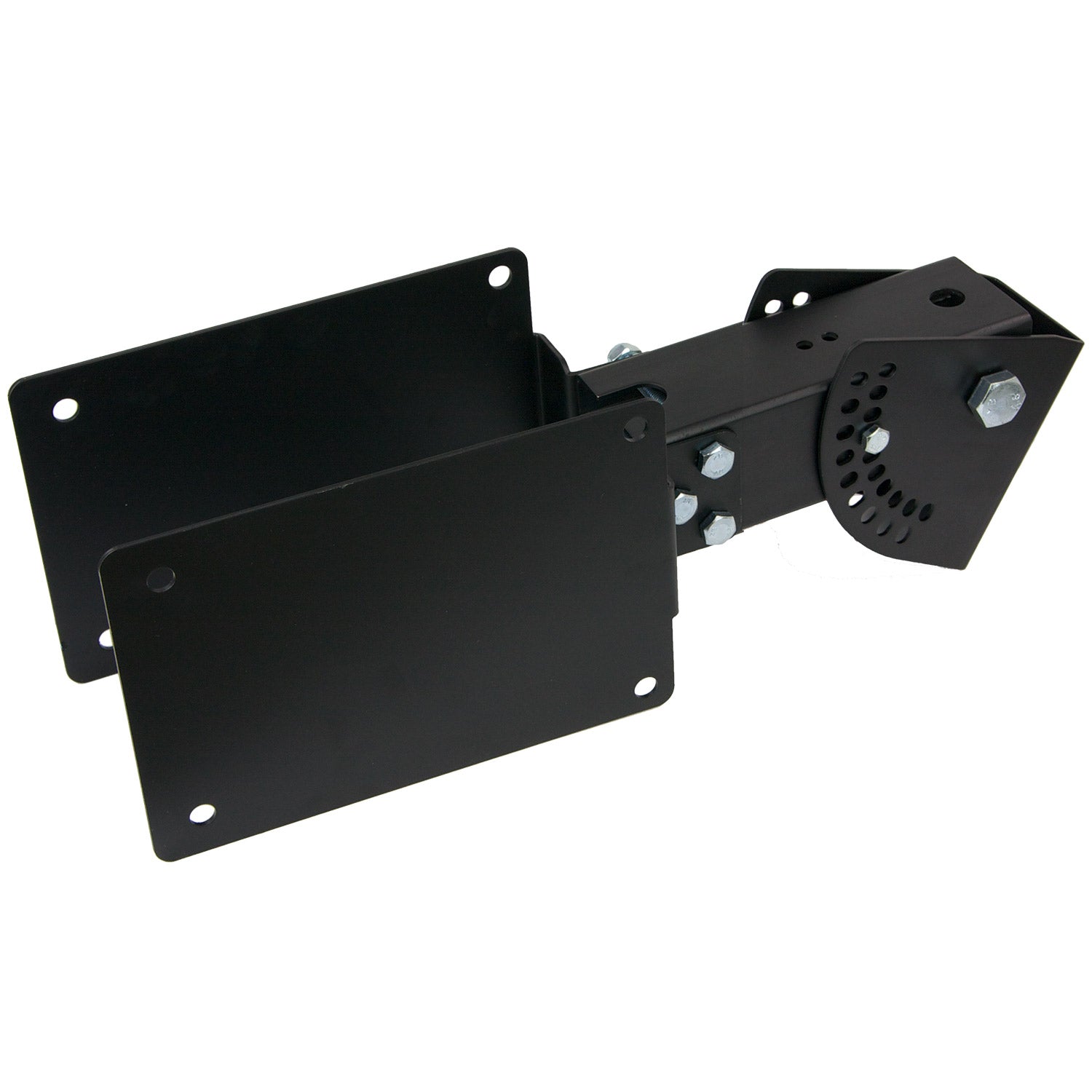Black metal ceiling mount pole with rectangular bracket and hardware