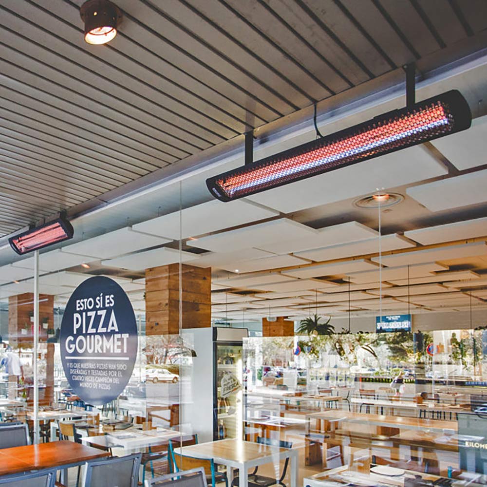 Ceiling-hung electric heater bar supported by suspension poles and brackets