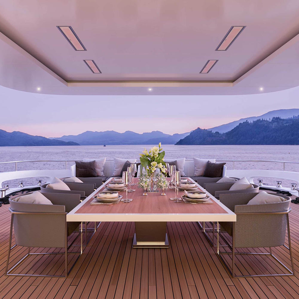Installed ceiling recess heater with rectangular opening in outdoor patio ceiling