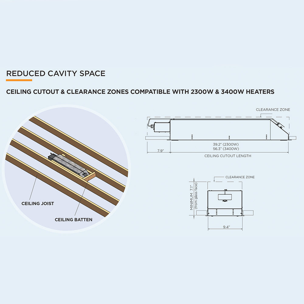 Installation diagram for low clearance ceiling recess kit showing clearance zones