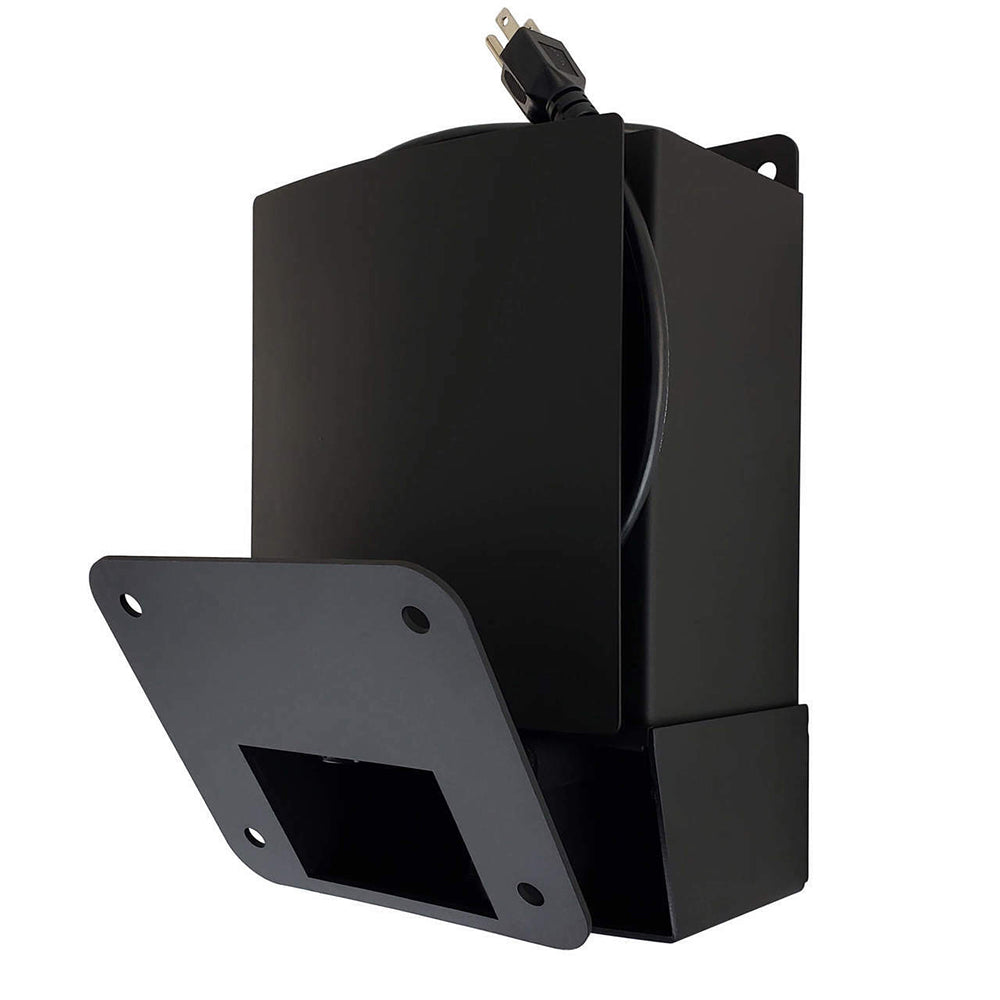 Black metal wall bracket with mounting plate and back housing