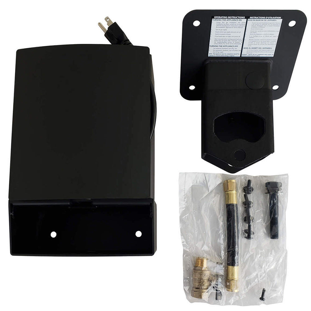 Black wall bracket with instruction label and included mounting hardware in bag