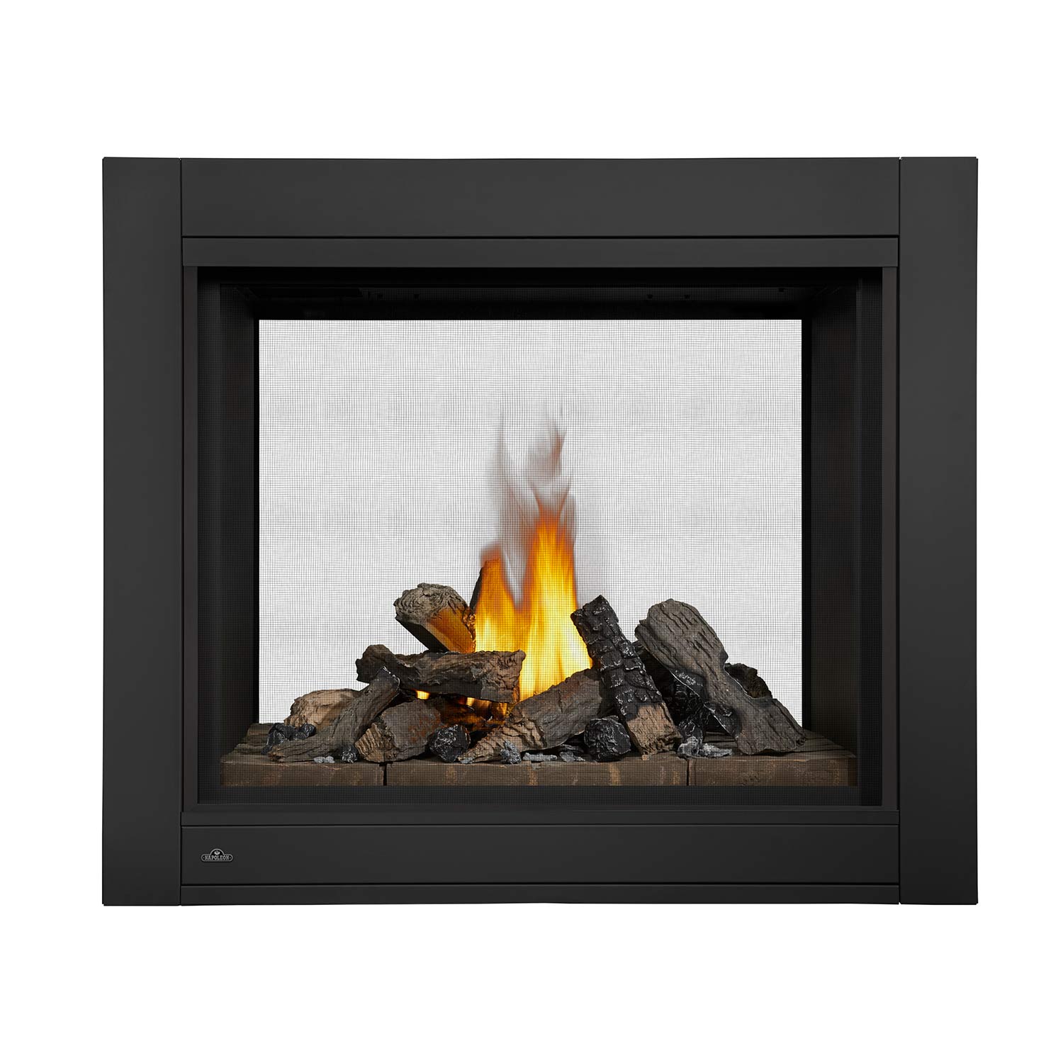 Black direct vent gas fireplace with log set and glowing flames behind glass