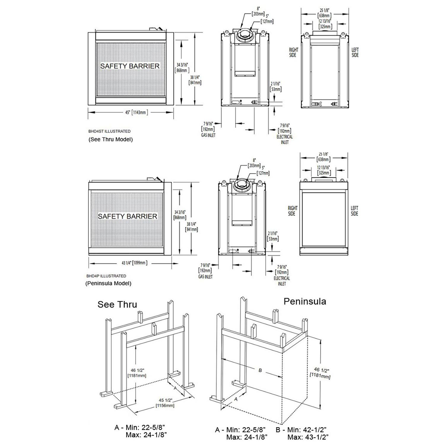 Direct vent gas fireplace clearance and installation dimension diagram