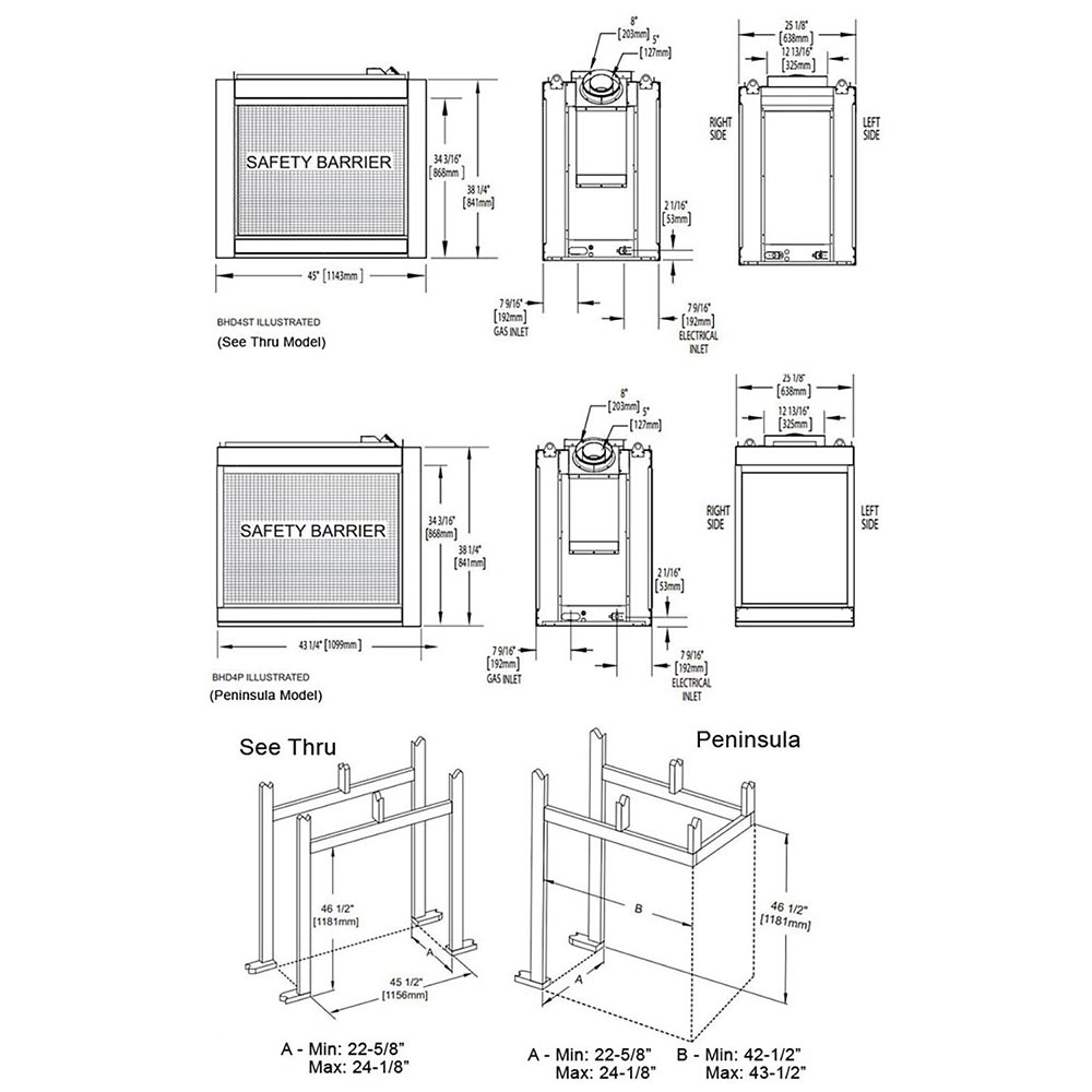 Technical line drawing of direct vent gas fireplace insert and safety barrier