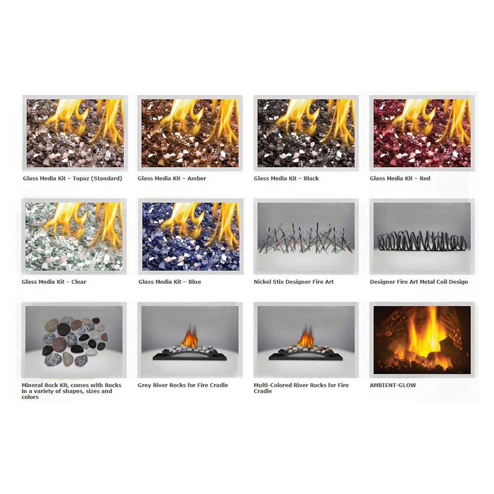 Gas fireplace media kit options shown with glass, rocks, and flame effects