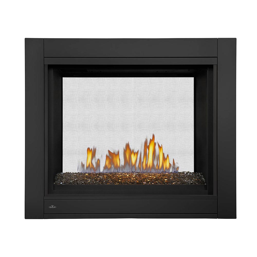 Black direct vent gas fireplace insert with flames and dark log set behind glass