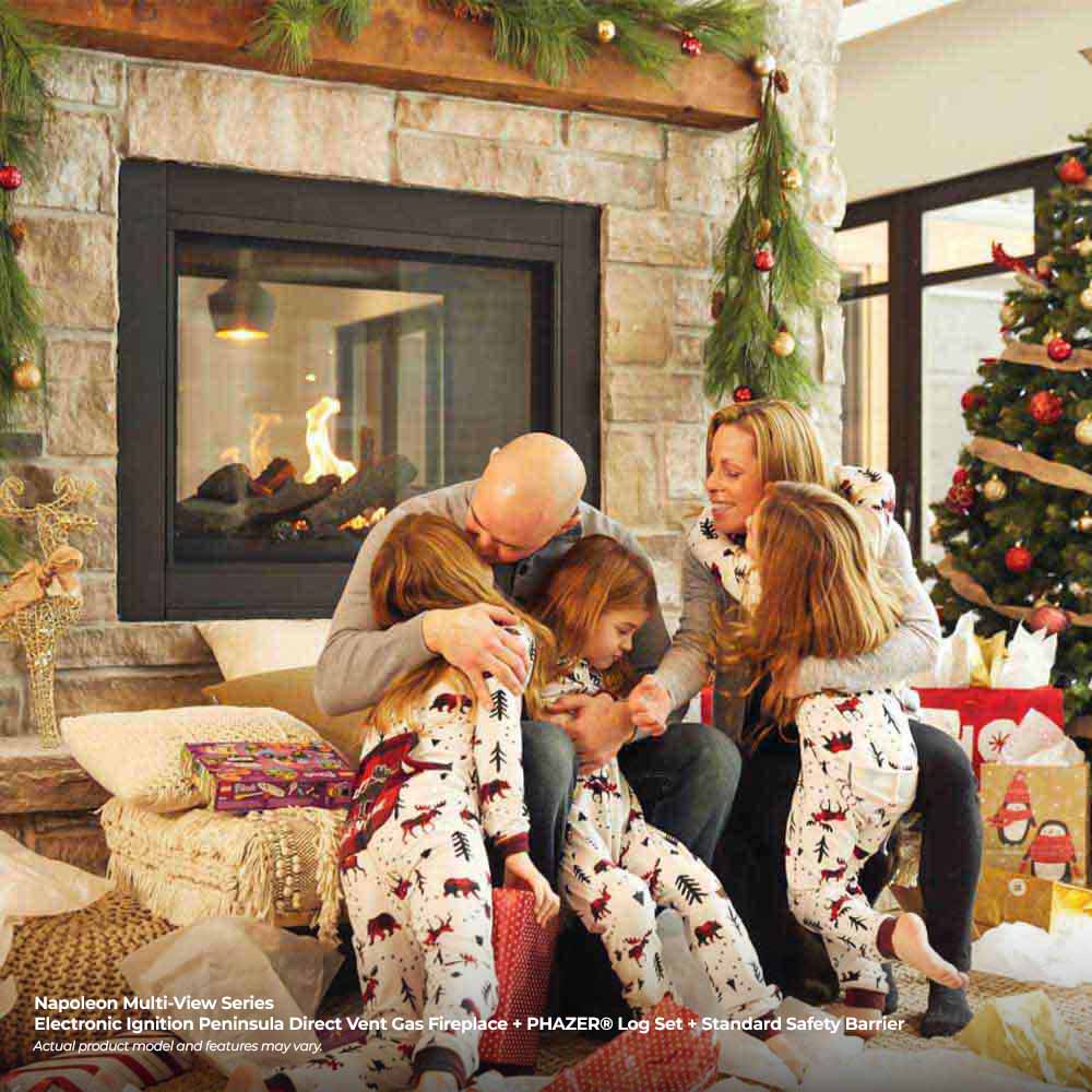 Black direct vent gas fireplace insert with burning logs behind the glass, stone surround