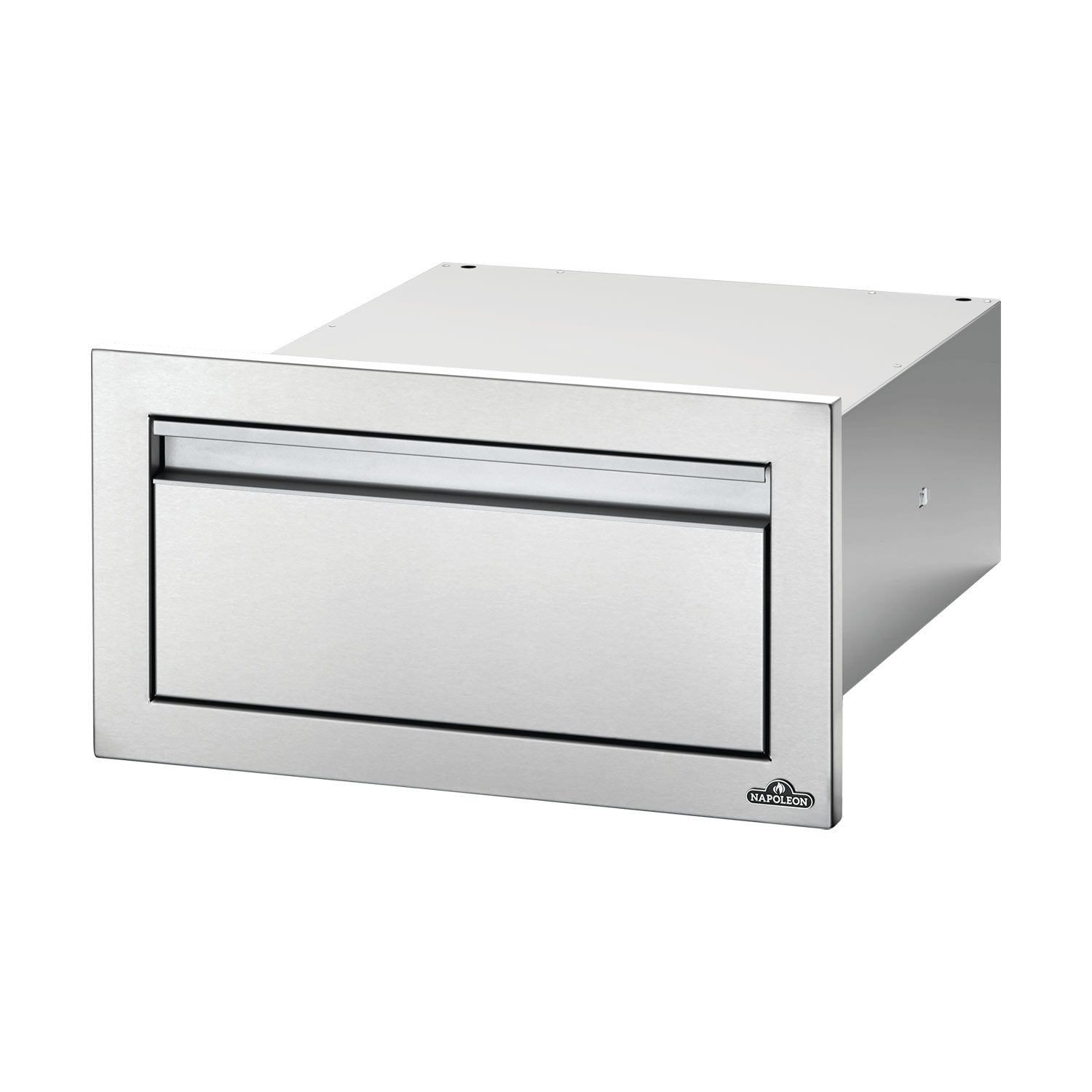 Single-drawer housing with rectangular drawer door, light gray metal body.