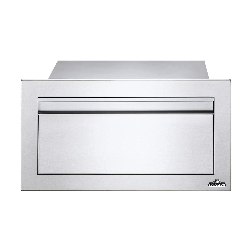 Single-drawer housing front view, light gray metal with black trim and logo badge.