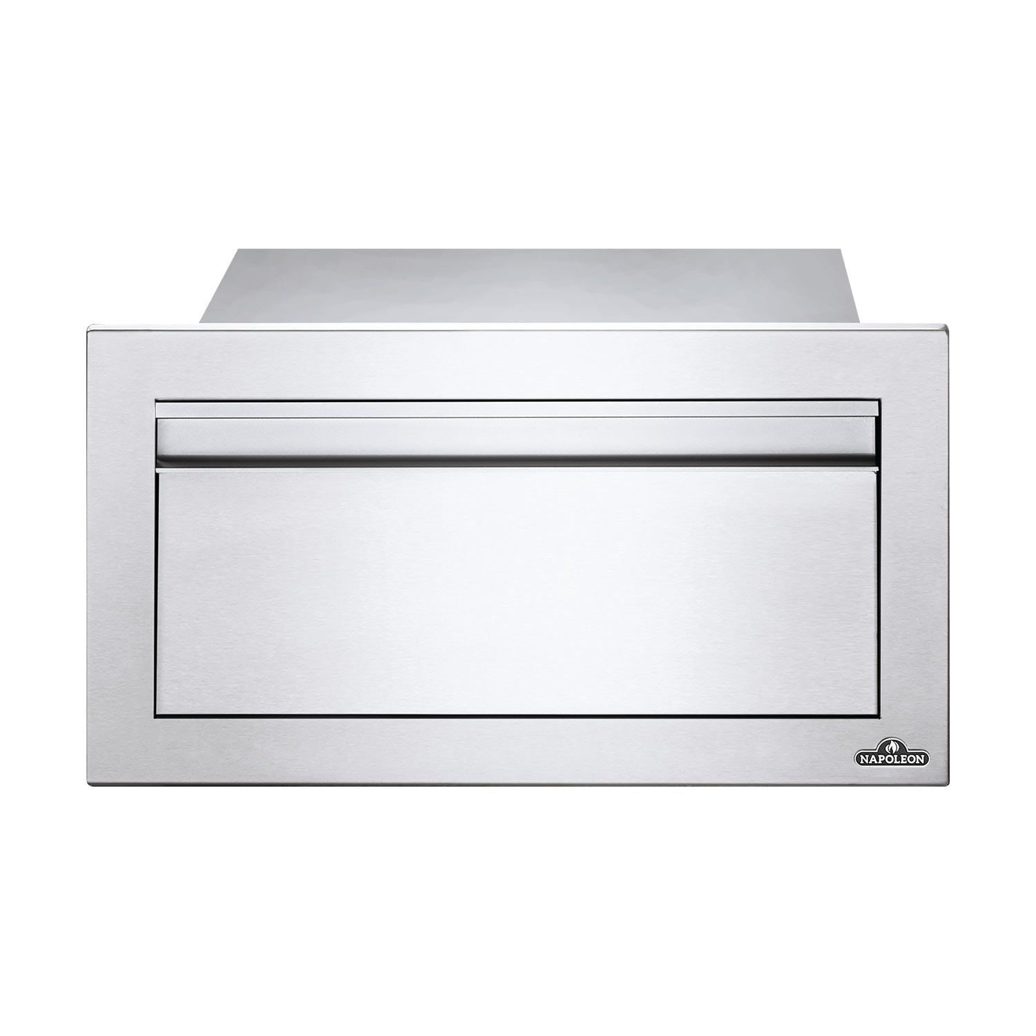 Single-drawer housing front view, light gray metal with black trim and logo badge.