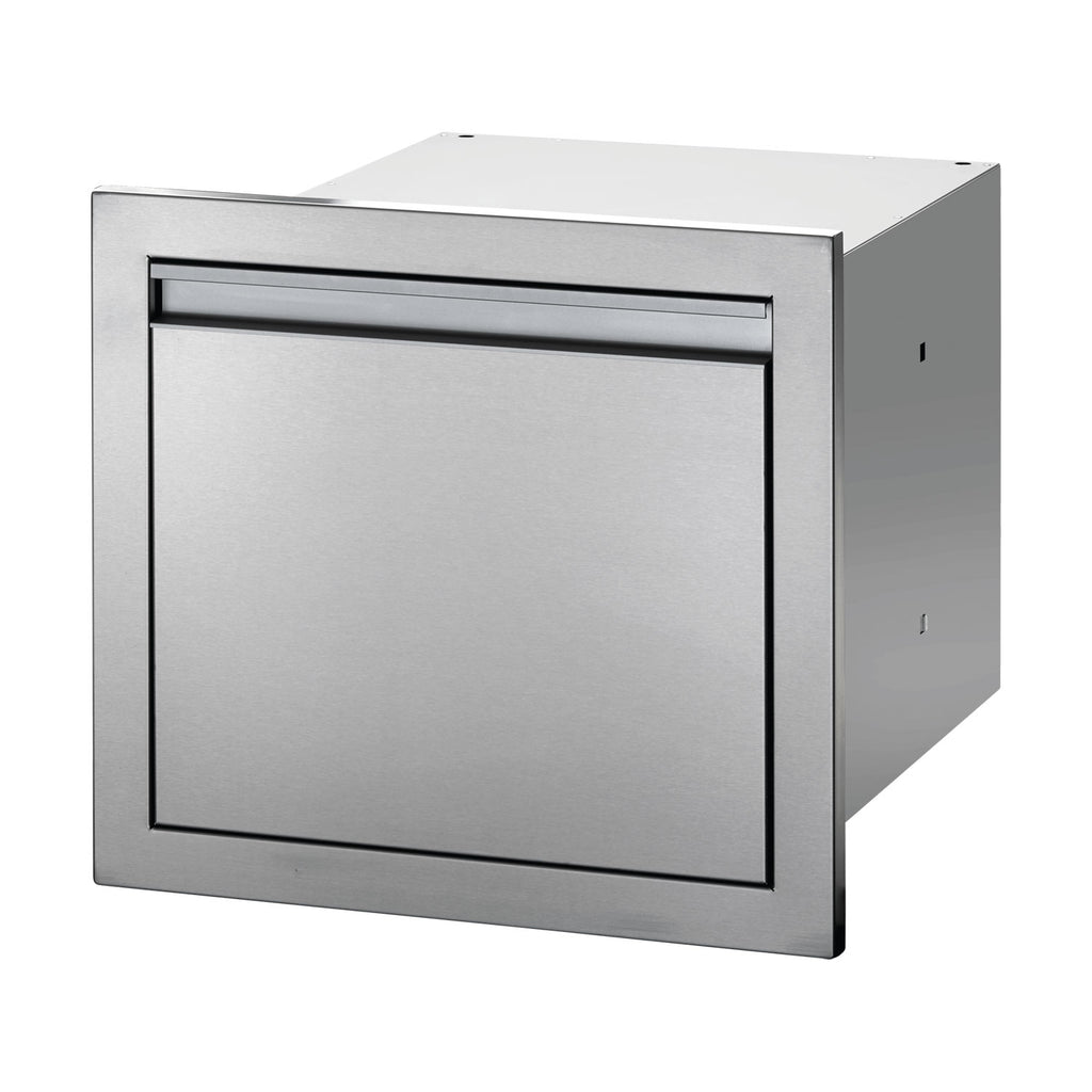 Metal single drawer housing with flush front panel and horizontal handle, angled view