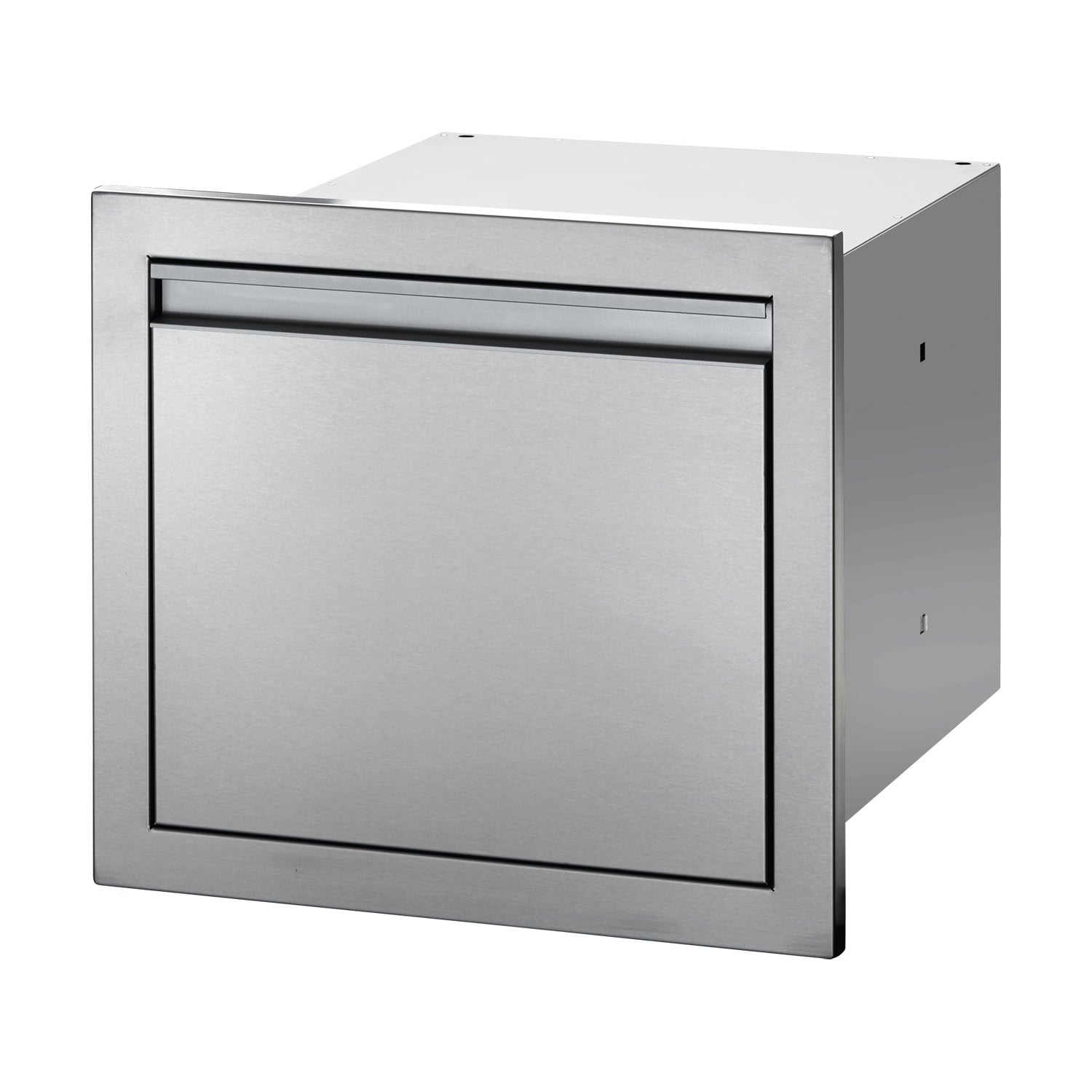Metal single drawer housing with flush front panel and horizontal handle, angled view