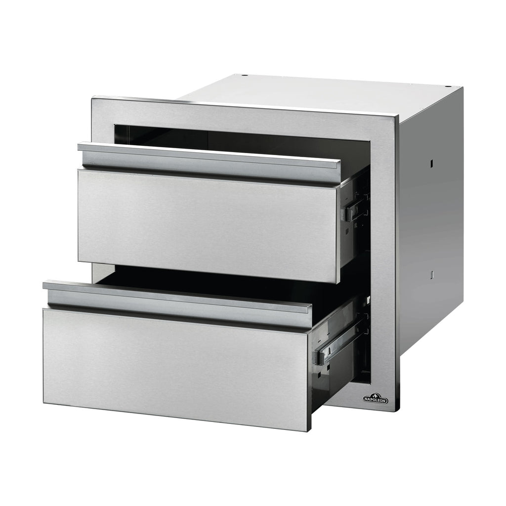 Double drawer housing with top and bottom drawers open, showing dark drawer interiors
