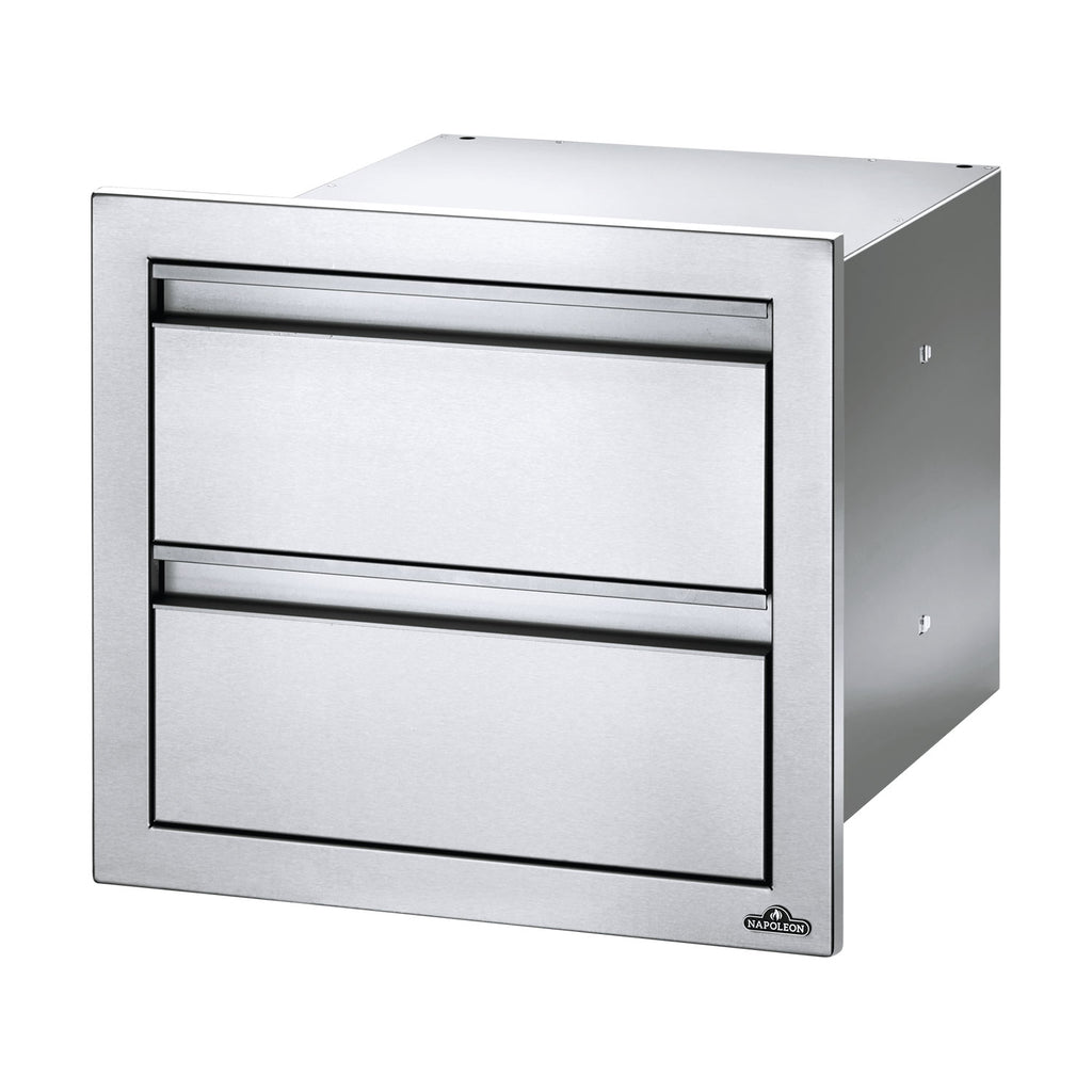 Double drawer housing with two front drawers and black trim, brushed metal finish