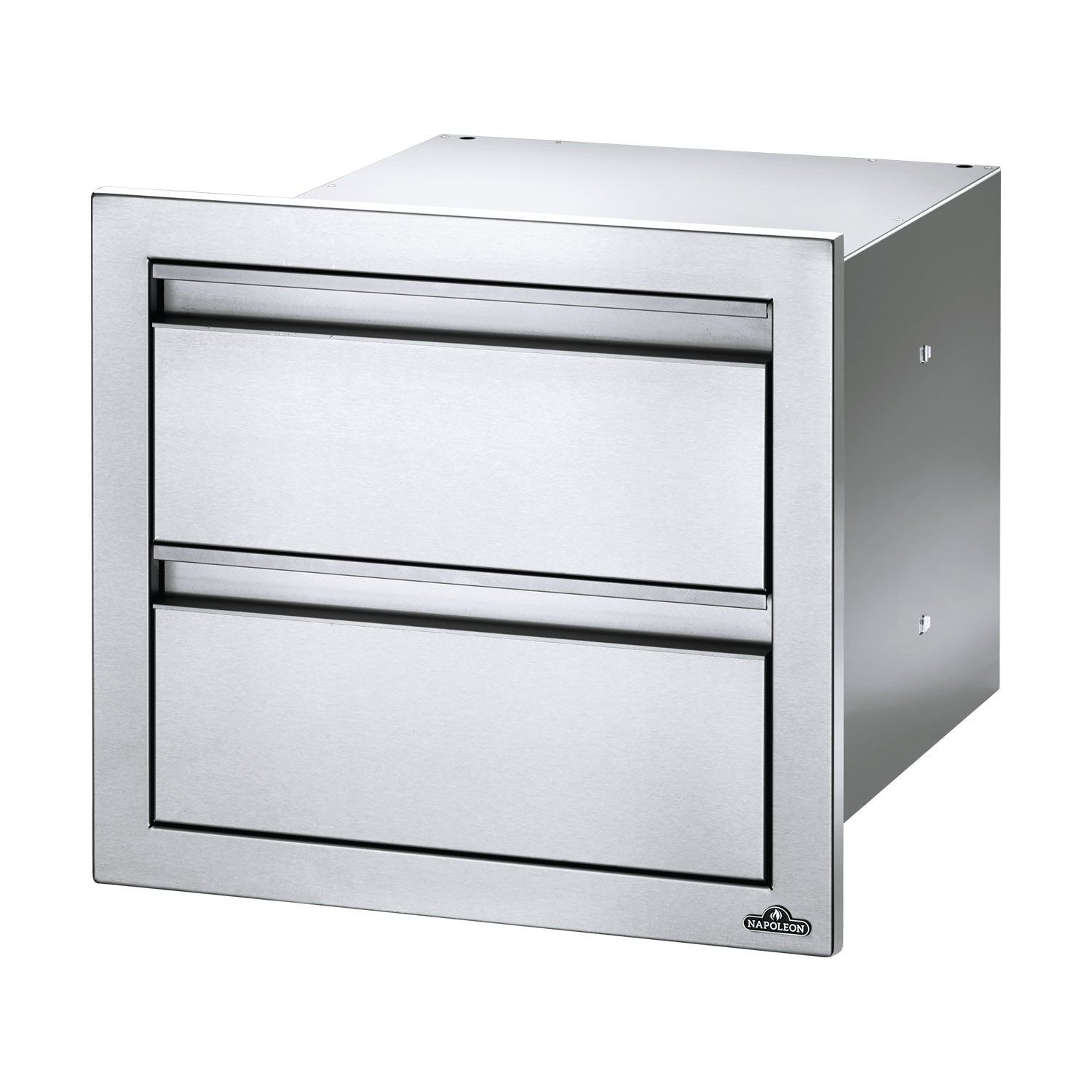Double drawer housing with two front drawers and black trim, brushed metal finish