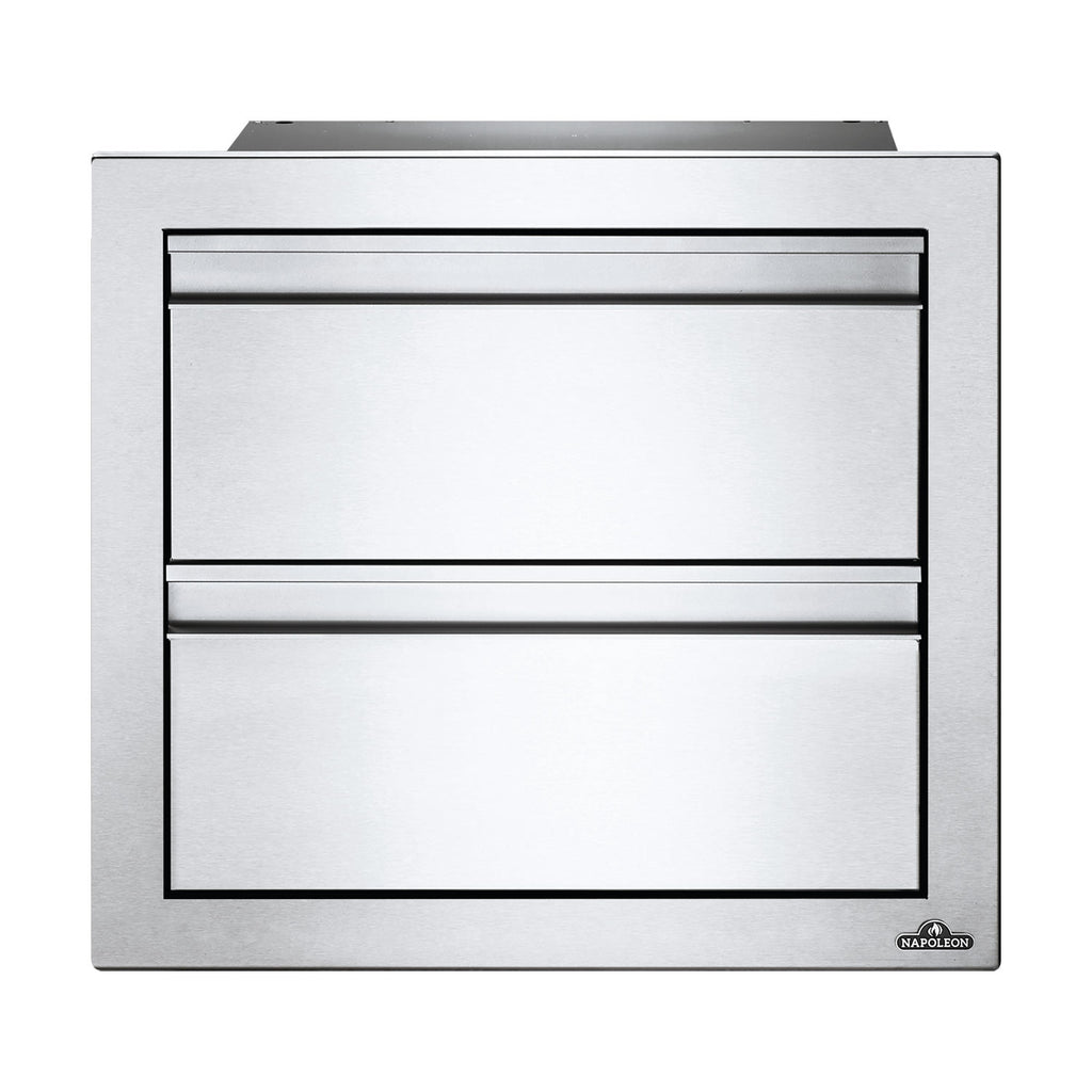 Double drawer housing with two front drawers and black border, brushed metal