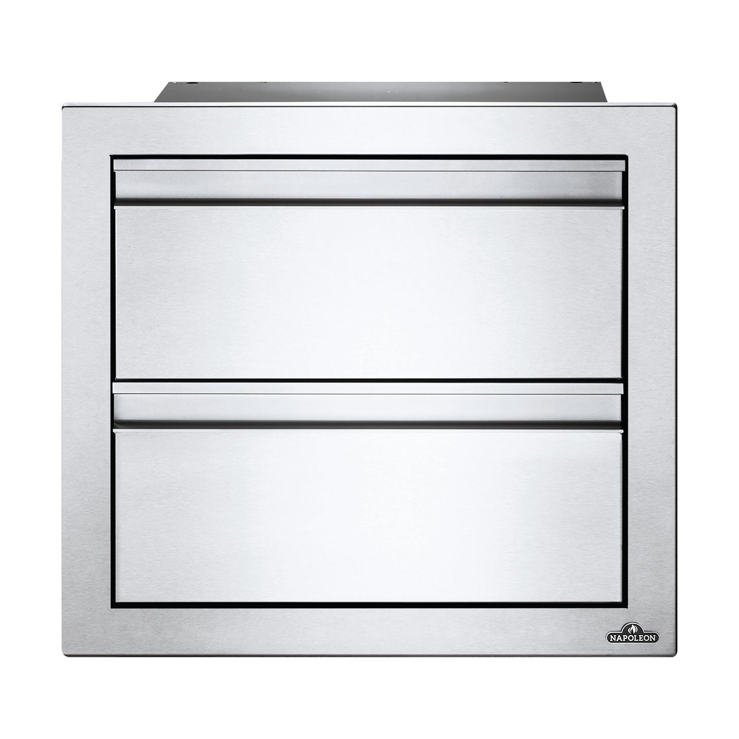 Double drawer housing with two front drawers and black border, brushed metal