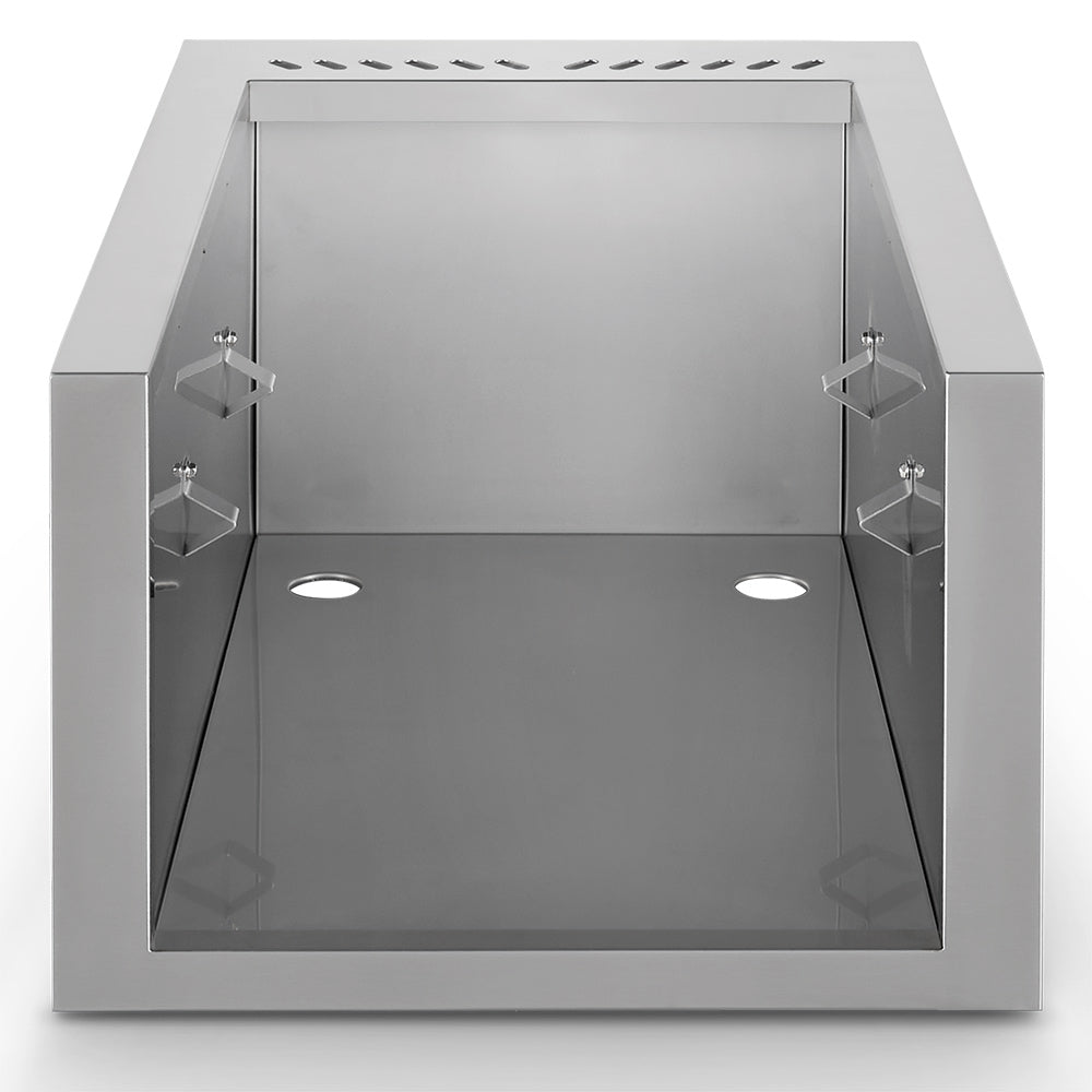Metal zero-clearance firebox liner with open front, side brackets, and vented top
