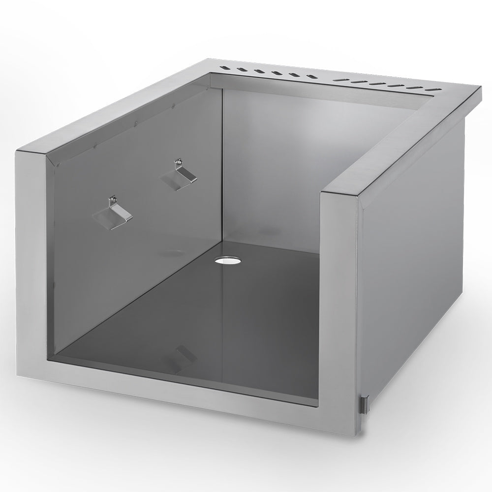 Metal zero-clearance liner insert with open interior, angled panels, and vented top