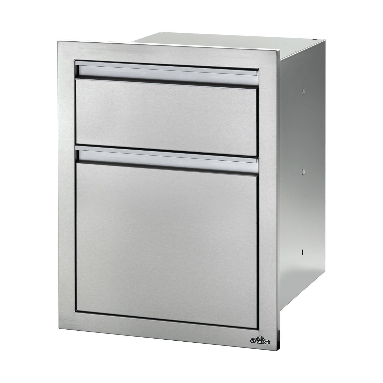Metal trash and paper towel cabinet with top dispenser, front door, stainless look