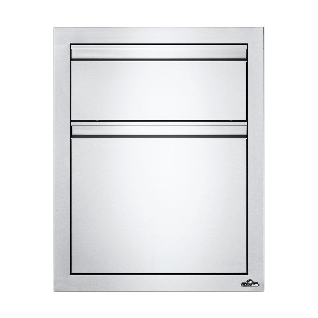 Metal trash and paper towel cabinet with top dispenser slot and front door, stainless look