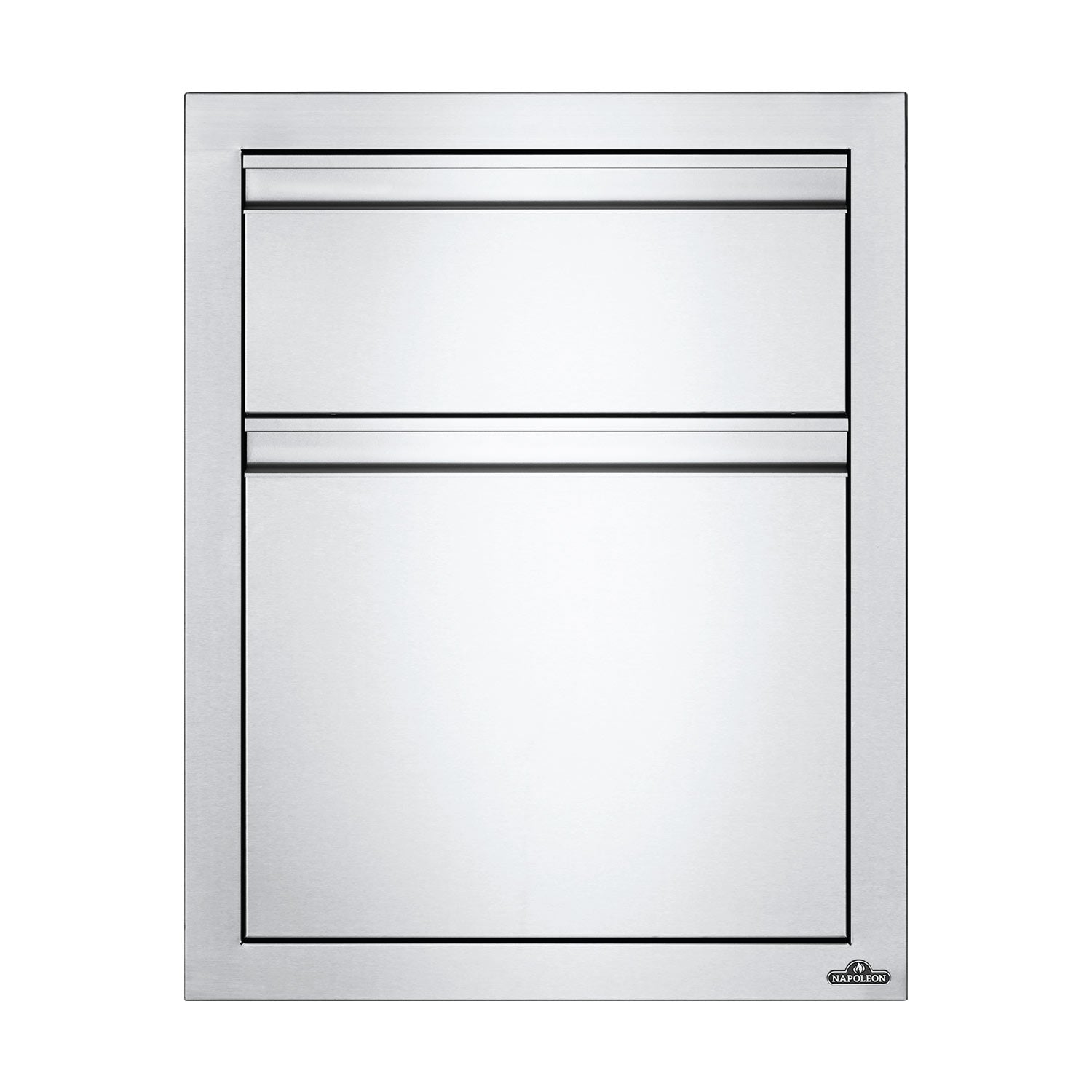 Metal drawer housing with top drawer and lower door panel, brushed gray, front view