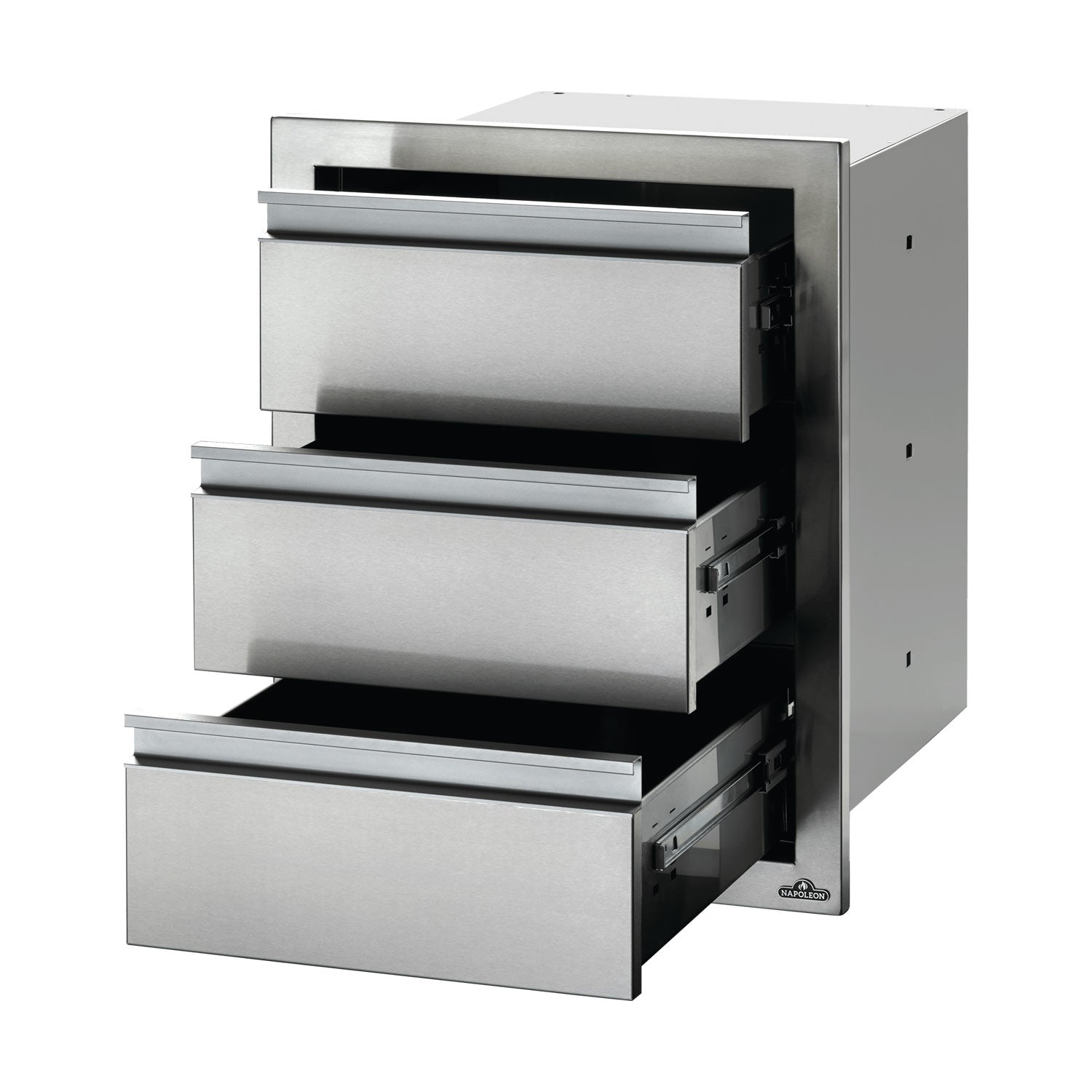 Triple drawer housing with three drawers partially open, black slides, light gray metal