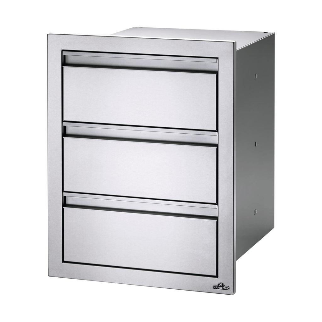 Triple drawer housing with three large open drawers, light gray metal frame